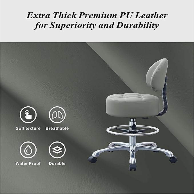 Height Adjustable Rolling Shop Stool with Back Support - Kitchen Stool with Wheels Heavy Duty for Salon, Spa, Massage, Tattoo, Esthetician - Extra Thick for Extreme Comfort