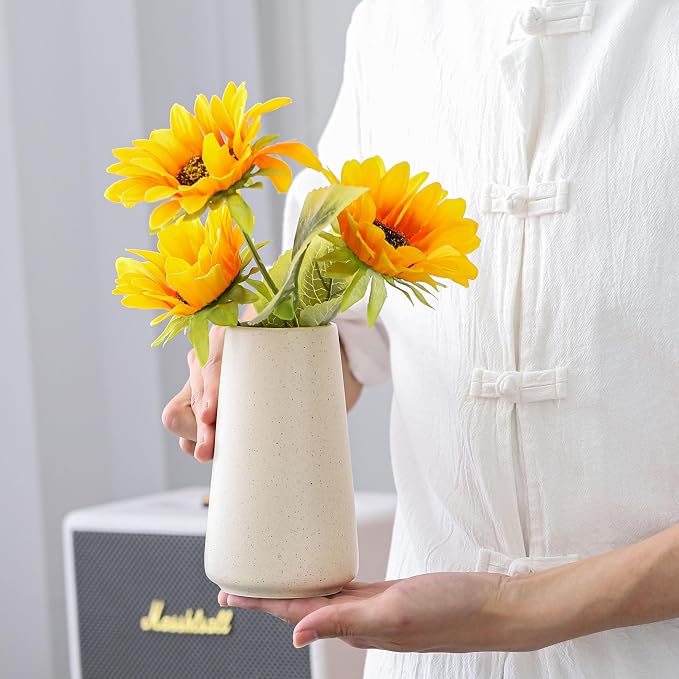 Simple Boho Ceramic Flower Vase for Home Decor (Beige,Small) | 6'' Modern Neutral Vase for Flower Plant Pampas Grass, Fit for Table Shelf Centerpieces, Living Room Kitchen Wedding Gift