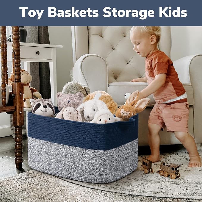 Goodpick 75L Extra Large Woven Blanket Basket, 22" x 17" x 12", Blue | Decorative Storage Basket for Blankets, Clothes & Toys, Living Room & Home Organization, Rectangle Design, Reinforced Handles