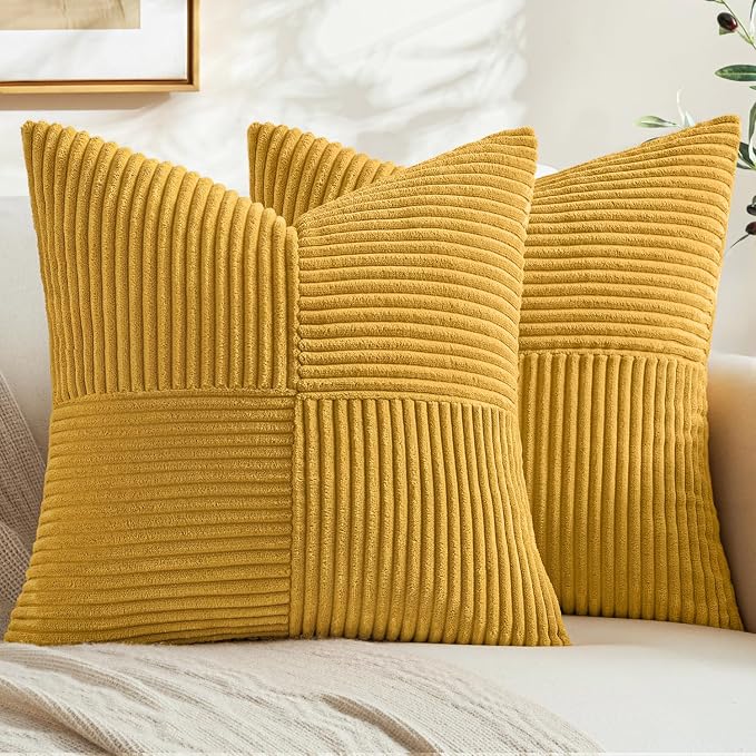 MIULEE Mustard Yellow Decorative Throw Pillow Covers for Couch 20x20 Inch | 2 Pack, Boho Farmhouse Pillow Covers, Soft Cross Corduroy Patchwork Textured Cushion Cases For Bed Sofa