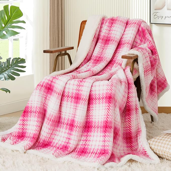 Sherpa Plaid Throw Blanket, 60" X 70" Fuzzy Fluffy Cozy Soft Blanket, Fleece Flannel Plush Twin Size Microfiber Blanket for Couch Bed Sofa, White&Pink