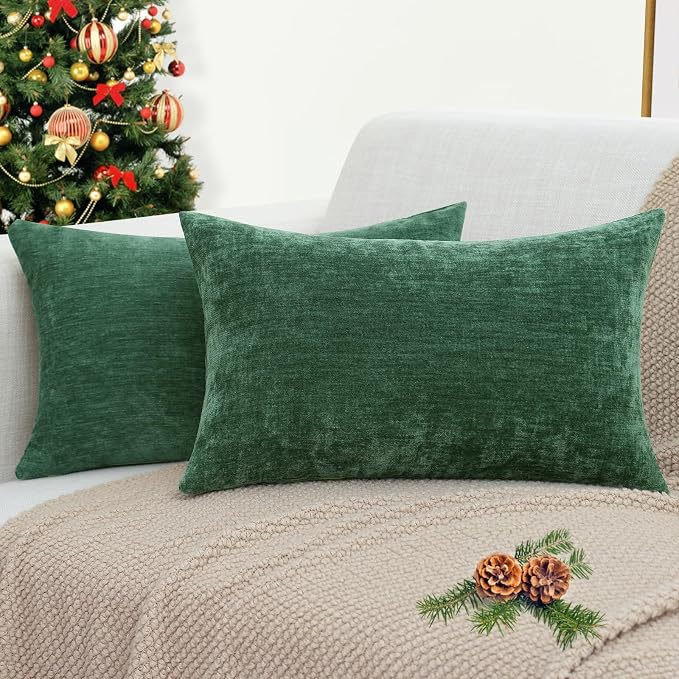decorUhome Soft Chenille Christmas Green Throw Pillow Covers 12X20 Set of 2 | Decorative Fall Couch Pillow Covers Solid Dyed Accent Modern Farmhouse Neutral Rectangle Pillow Cases for Sofa