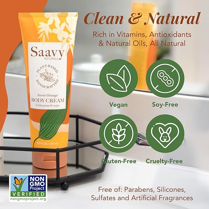 Saavy Naturals Deeply Hydrating Body Cream for Dry Skin – Nourishing Shea Butter, Plant-Based & Sustainably Sourced – Sweet Orange – 8.5 fl oz, 1 pack