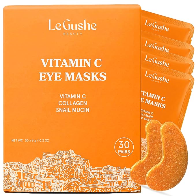 LE GUSHE Vitamin C Eye Patches with Collagen and Snail Mucin, Aloe Vera Eye Patches for Puffy and Dark Undereyes, Korean Skincare for All Skin Types, 30 Pairs