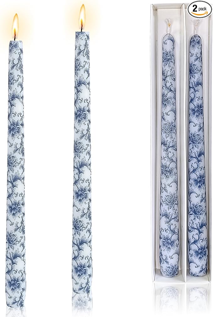 Handmade Printed Candles 10 in Long Candle Sticks Unscented Candle Blue and White Porcelain Pattern Candles for Home Wedding Dinner Holiday Party