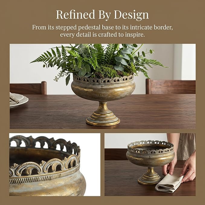 Pedestal Planter Iron Antique Pedestal Planter Distressed Finish Compote Vase for Decorative Display, Floral Arrangements, Short
