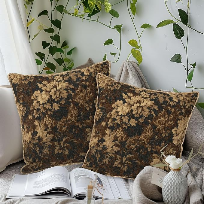 Neutral Flowers Dark Brown Soft Velvet Throw Pillow Covers Set of 2 Boho Vintage Abstract Floral Decorative Pillow Covers 20x20 Inch Retro Bohemian Pillow Case For Sofa Couch Farmhouse Home Decor