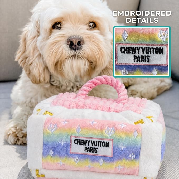 Haute Diggity Dog Chewy Vuiton Trunk Puzzle with 3 Plush Squeaky Dog Toys