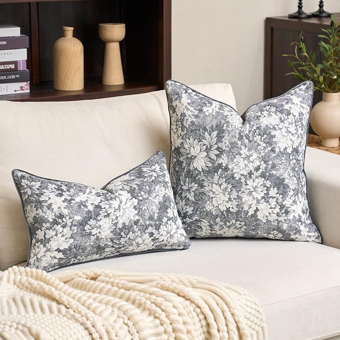 Alerfa Grey Neutral Floral Pillow Cover 12 x 20 Inch, Vintage Chenille Rectangle Couch Pillow Cover Soft Decorative Farmhouse Accent Pillowcase for Living Room Bedroom