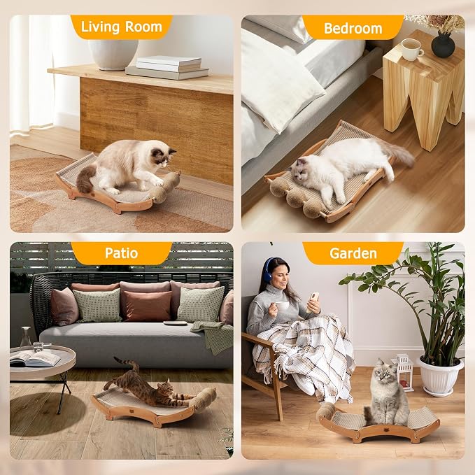 3 in 1 Sisal Cat Scratcher Bed, Solid Pine Cat Scratcher with Balls (Wood) | Extra Large Cat Scratching Post with Hammock, Cat Scratcher for Scratch & Play & Rest, Cat Furniture for Indoor Cats, Kitten