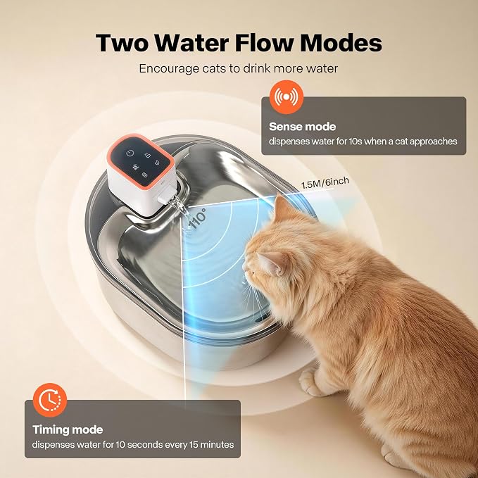 Sharper Image Stainless Steel Cat Water Fountain, Cordless 4L Rechargeable | 2 flow modes, LED alerts, Type-C battery, 10.4x7.8x4.8in, for cats dogs