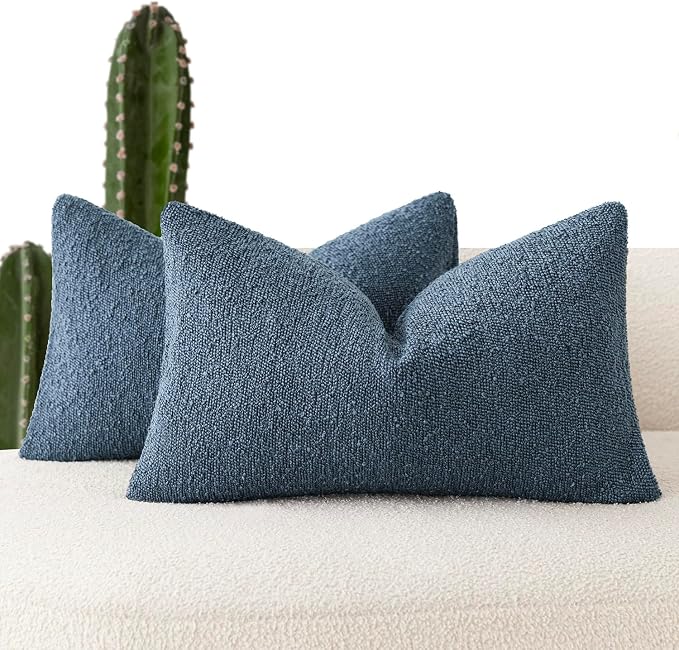 Foindtower Pack of 2 Textured Boucle Throw Pillow Covers Accent Solid Decorative Lumbar Pillow Cases Cozy Couch Cushion Case for Chair Sofa Bedroom Living Room Home Decor 12x20 Inch Dark Blue