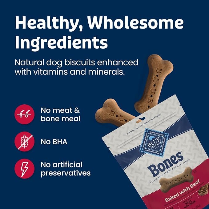 Blue Buffalo Bones Beef Large Dog Biscuits, 16 oz, 4 ct | Real Beef First, Classic Bone-Shaped Biscuit, No BHA, Meat & Bone Meal, or Artificial Preservatives