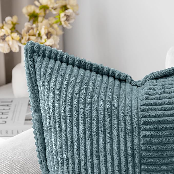 MIULEE Decorative Throw Pillow Covers for Couch 20x20 Inch Dusty Blue | 2 Pack, Boho Broadside Striped Patchwork Pillow Covers, Soft Corduroy Cushion Cases, For Sofa Bed Livingroom Home Decor