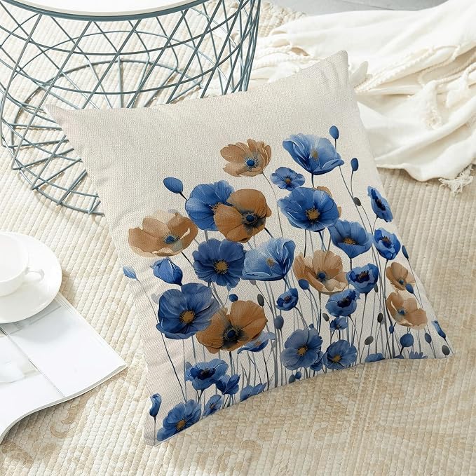Spring Floral Pillow Covers 18x18 Set of 2 Blue Brown Flower Decorative Throw Pillow Covers Decoration Summer Seasonal Pillowcase Farmhouse Decorative Cushion Cover For Home Sofa Outdoor Decor