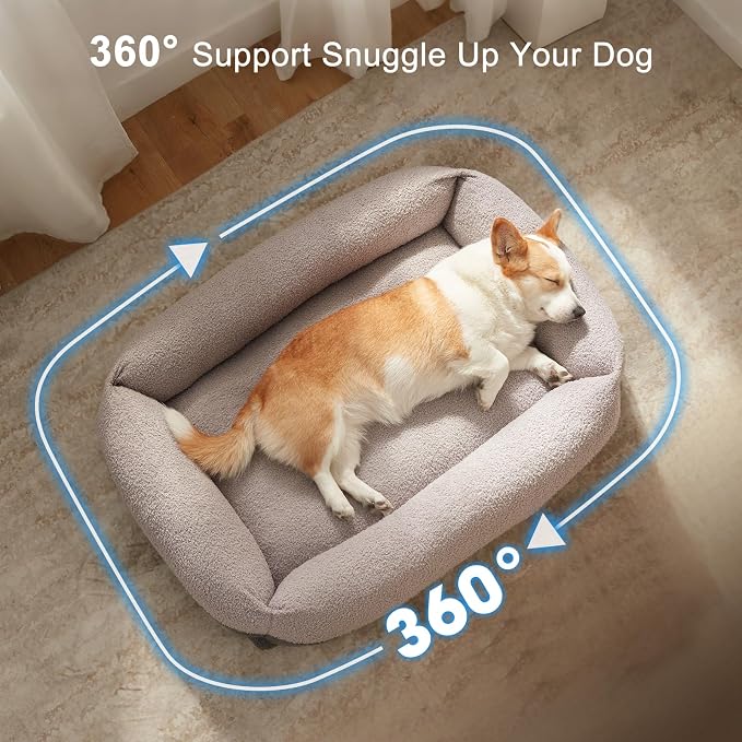 FURTIME Washable Dog Bed Large Sized Dogs, Comfy Fluffy Large Dog Bed | Removable Zipper Cover Machine Wash, Soft Orthopedic Bed Durable Pet Cuddler with Anti-Slip Bottom, 36"x27"x8", Grey