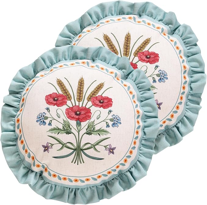 Vintage Linen Throw Pillow Cover,Set of 2,Diameter 16"-Serenity C | Designer Elegant Round Pillow Cover,Concealed Zipper Design,Floral Pattern,Sofa,Bedroom,Living Room,Lounge Chairs