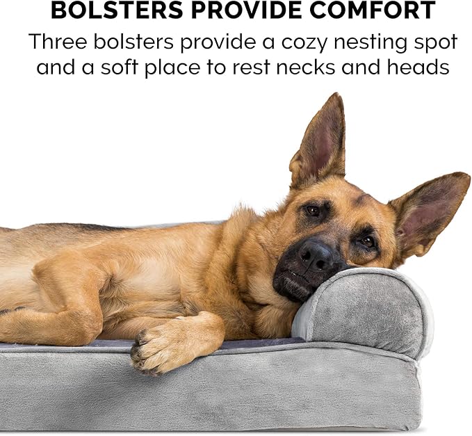 Furhaven Cooling Gel Dog Bed for Large Dogs w/ Removable Bolsters & Washable Cover, For Dogs Up to 125 lbs - Faux Fur & Velvet Sofa - Smoke Gray, Jumbo Plus/XXL