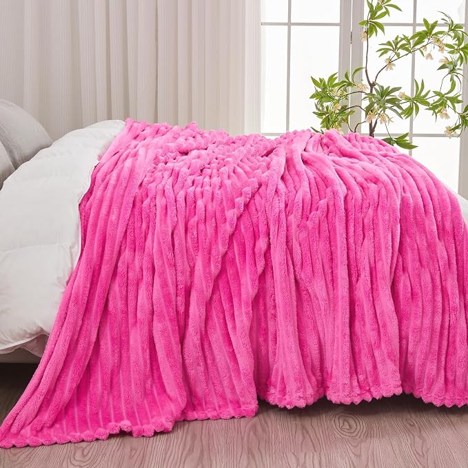NEWCOSPLAY Fleece Ribbed Cozy Queen Blanket for Couch, Hot Pink, 90"x90" | Premium Silky Flannel Blanket, Soft Lightweight Fluffy Throw Blanket for Bed Sofa Decor, Gift for All Season Use