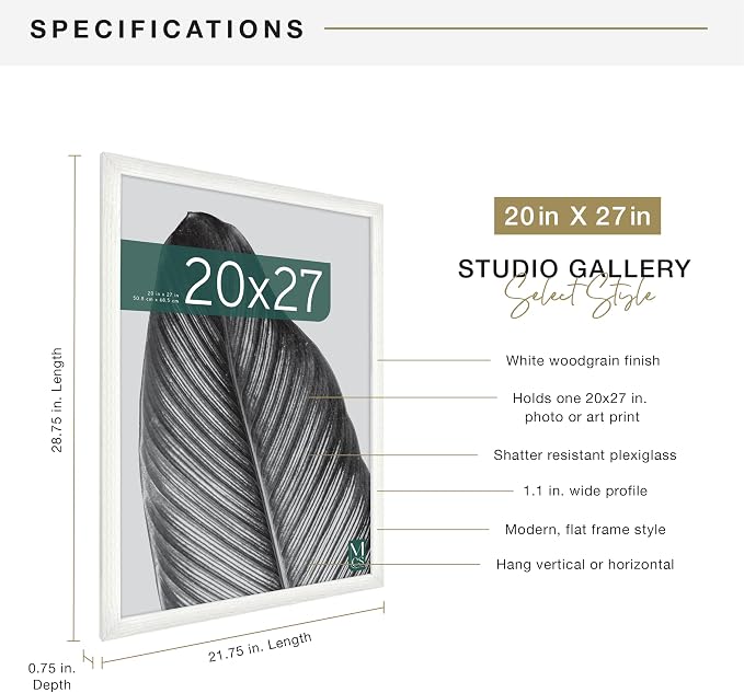 MCS Studio Gallery 20x27 Poster Frame White Woodgrain Engineered Wood, Vertical & Horizontal Wall Hanging Large Picture Frame for Photos, Posters & Art Prints (1-Pack)