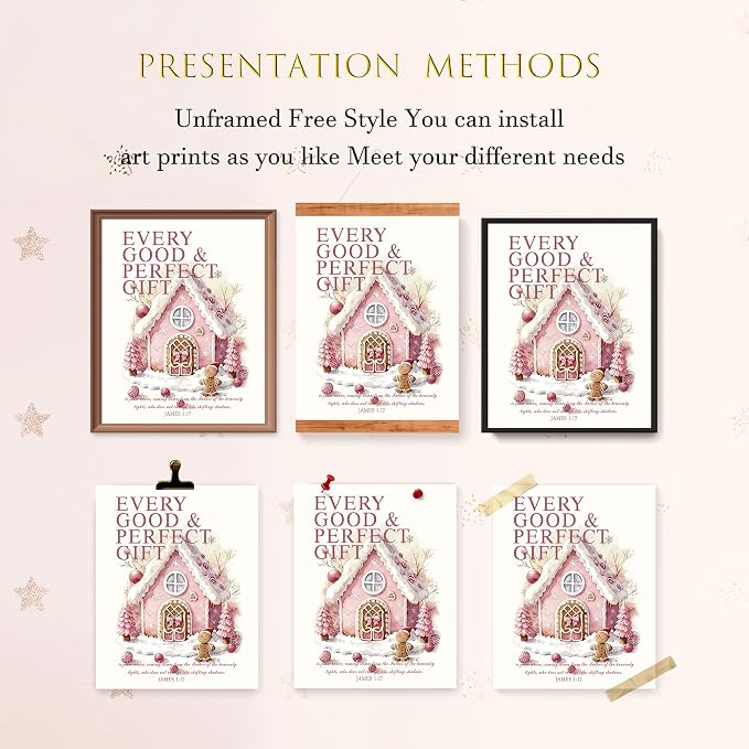 LARTSFRO Coquette Pink Christmas Gingerbread House Gifts Wall Art Decor Posters, Cute Christmas Gingerbread Man Christian Room Bathroom Bedroom Dorm Wall Art Decor Aesthetic for College Teen Girls Gifts, Inspirational Bible Verses Gingerbread Wall Deco...