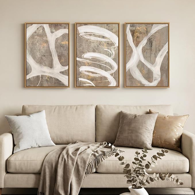 Framed Neutral Abstract Wall Art for Bedroom, 3 Piece Modern Canvas Prints Paintings Artwork for Walls, Minimalist Beige White Taupe Pictures for Living Room Dining Hallway Office Wall Decor 16x24 In