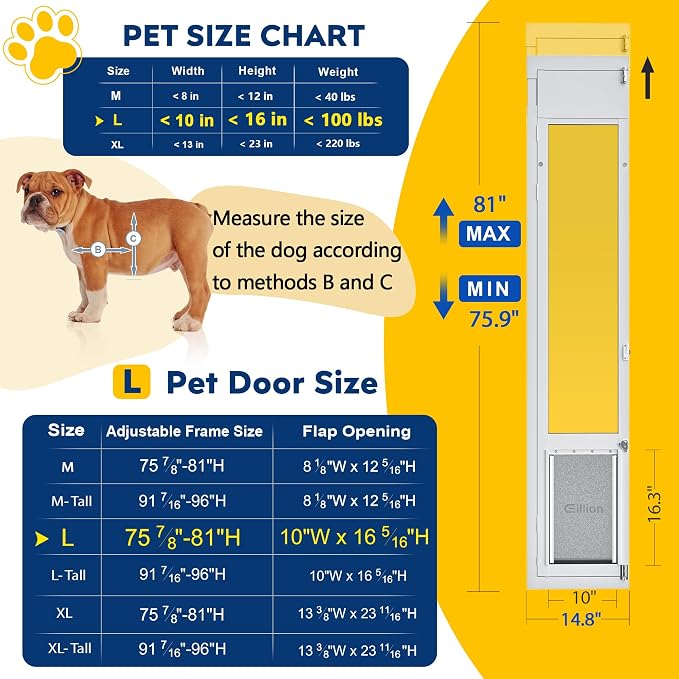 Large Dog Door for Sliding Glass Door,Openable Pet Door for Sliding Glass Doors, All-Metal Framed & Panel & Lock, Adjustable 75 7/8" to 81" Slider Height -Large