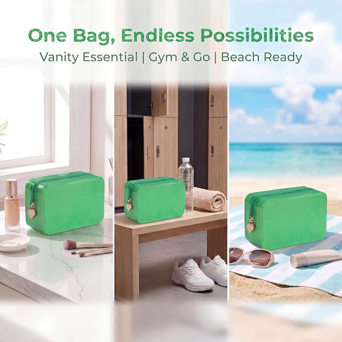 RSRSLEII Stardust Twinkle Jelly Travel Makeup & Toiletry Bag, Waterproof PVC Cosmetic Bag/Case for Women，Zipper SPF Beach Bag for Sunscreen Skincare and Daily Essentials (04Green)