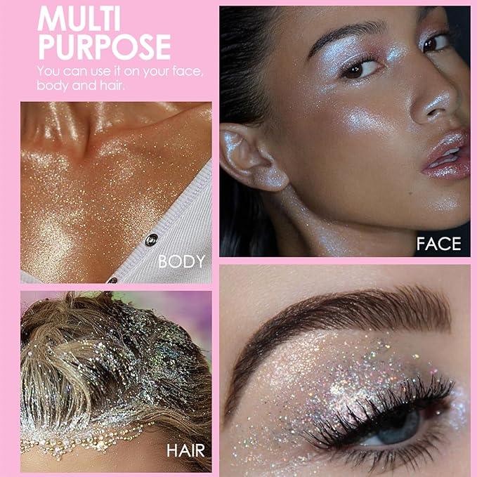 2 Colors Roll-on Body Glitter Gel, Holographic Glitter Gel Under Light for Face Hair, Body Shimmer for Rave Accessories Christmas New Year Halloween Makeup