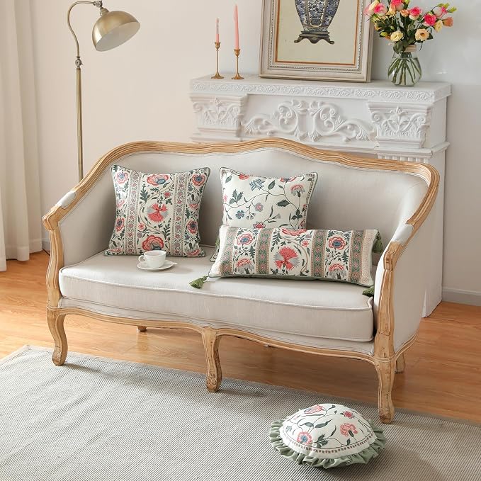 French Linen Rectangle Throw Pillow Cover,Set of 2,20"x12"-Daffy B | Designer French Elegant Pillow Cover,Concealed Zipper Design,Floral Pattern,Sofa,Bedroom,Living Room,Lounge Chairs