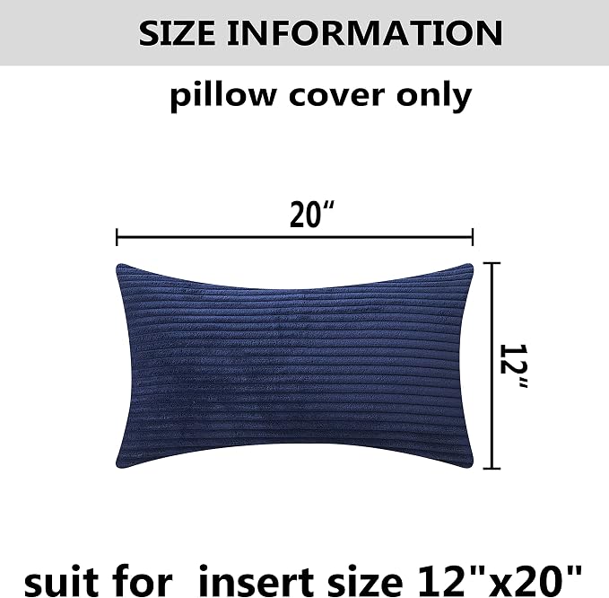 Home Brilliant Decorative Pillow Cover 12x20 Plush Striped Velvet Corduroy Oblong Rectangular Accent Cushion Cover, 12 x 20 inch, Navy Blue