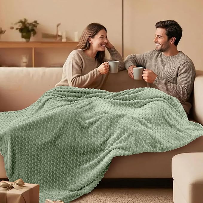Vessia Flannel Fleece Throw Blanket(50x70 inch), 3D Jacquard Sage Green Fuzzy and Warm Blanket for Couch,Sofa,Bed,Chair, 300GSM Super Soft Touch Cozy Lightweight Throw for All-Season Home Decor