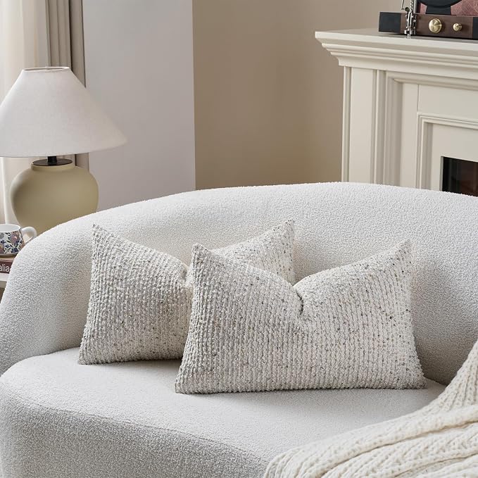 12x20 Cream Grey Lumbar Pillow Cover Textured Boucle Striped Chic Morden Boho Accent Farmhouse Rectangular Decorative Couch Pillow Case for Home Decor Bed Sofa Living Room