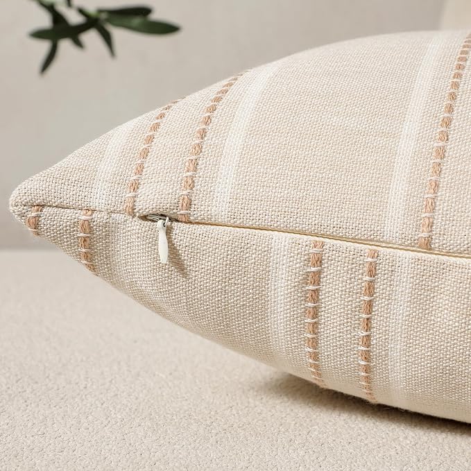 Hckot Hand Made Decorative Khaki Pillow Covers 18x18 Striped Throw Pillows Textured Linen Pillow Covers Farmhouse Decor Cushion Covers for Couch Bed Living Room, Khaki