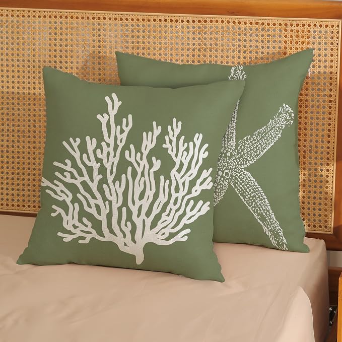 Coastal Pillow Covers 18x18 Set of 2 Sage Green Coral Starfish Throw Pillows Nautical Ocean Decorations Spring Summer Beach Pillowcase Outdoor Decor Linen Farmhouse Cushion Case for Home Sofa
