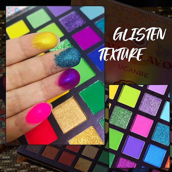 UCANBE EXOTIC FLAVORS Eyeshadow Palette + 15 PCS Eye Brushes Makeup Set 48 Colors Neon Shimmer Matte Glitter Eye Shadow Po.