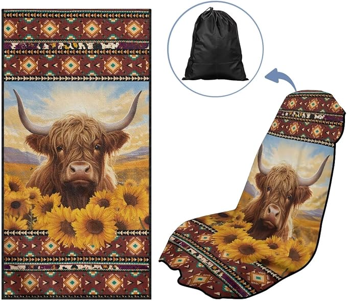 INSTANTARTS Aztec Sunflower Highland Cow Car Seat Towel Cover Yoga Towel Car Seat Cover