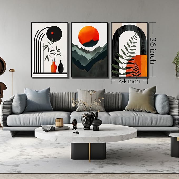 Framed Boho Wall Art for Living Room, Bohemian Canvas Wall-Decor for Bedroom, Mountian Moon and Geometric Shapes Picture Prints, Size 24 x 36 Inches 3-Pieces