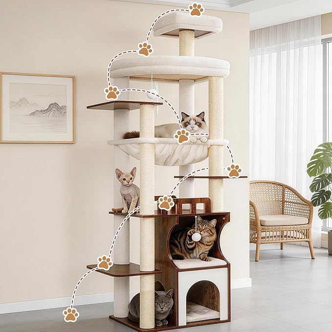 Modern Cat Tree Tower, 2-Layer Condo & Perch, Big Hammock 102SR | 70.9''Wood Cat Tower House Large Platform with Safe Guardrail for Indoor Cats Adult, All Sisal Scratching Post, Rustic Brown