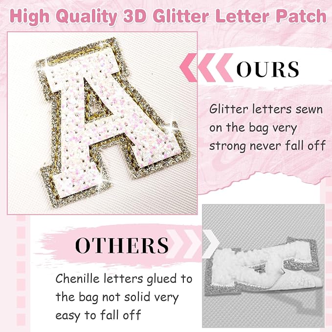 Small Initial Patch Makeup Bag Personalized Gifts Make Up Bag,White Cute PU Leather Glitter Letter Cosmetic Bag with Zipper,Trendy Portable Travel Toiletry Pouch,Preppy Stuff for Teen Girls Women D