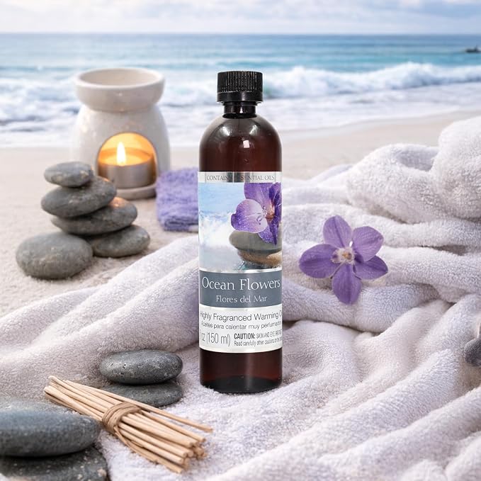 Hosley Set of 2 Ocean Flowers Fragrance Warming Oils 6 Ounce Bottles for Continuous Aromatic Bliss and Serene Coastal Ambiance Transform Your Space