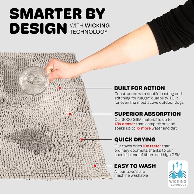 Dog Gone Smart Dirty Dog Doormat - Super Absorbent - Silver Grey, 23 x 16in | Polyamide Rug Pulls in Moisture & Dirt - Fast Drying for Clean Floors, Non-Slip, Machine Washable Mat for Muddy Paws