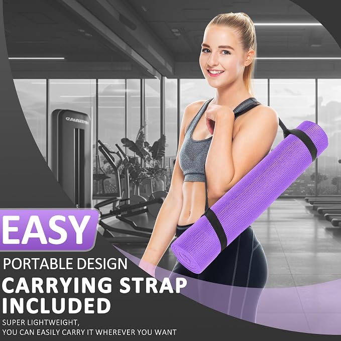Signature Fitness All Purpose 0.25 Inch Thick High Density No Tear Exercise Yoga Mat w/Strap & Lightweight Features for Indoor & Outdoor Use, Purple