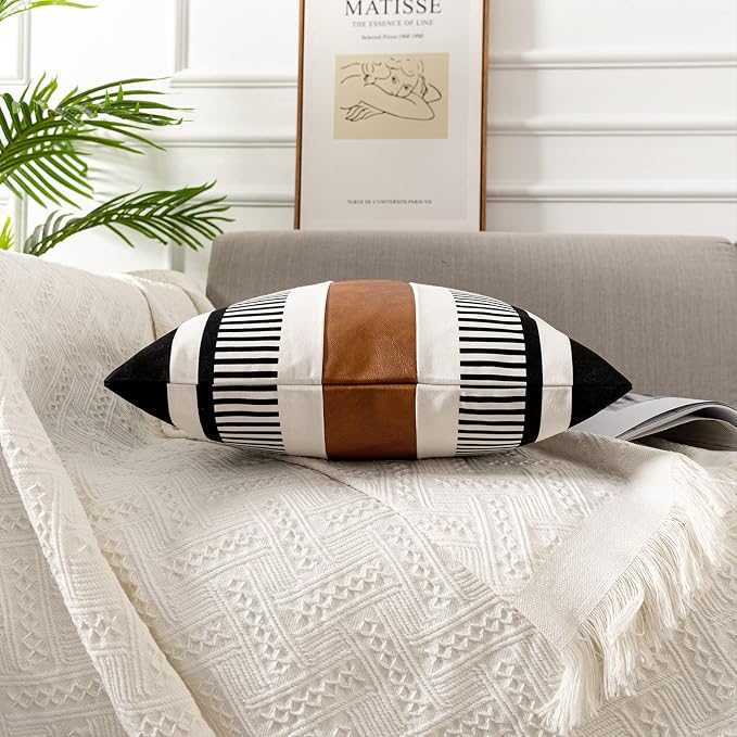 Black White Boho Pillow Cover with Leather Modern Couch Cushion Cover 22x22 inch Farmhouse Stripe Pillowcase for Couch Bed, Black