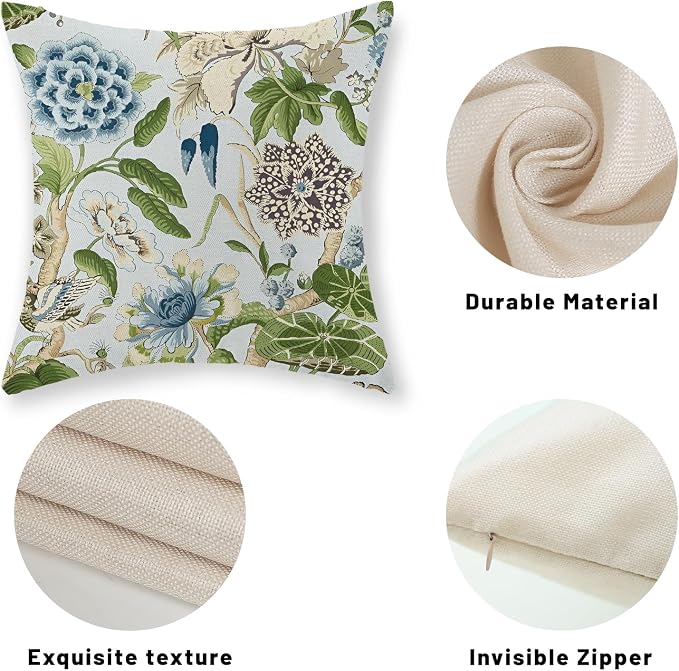 Baby Blue Green Pillow Covers 20x20 Inch Set of 2 Vintage Blue Floral Throw Pillows Chinoiserie Flower Decorative Pillow Case Outdoor Linen Farmhouse Cushion Cover for Couch Sofa Decorations