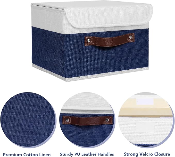 ANMINY Fabric Storage Box Bins with Lids, Blue White, 10"x8"x7", 2 Pack | Keepsake Memory Storage, Cotton Linen, PP Board Reinforced, Washable, PU Handles, Foldable & Stackable, Decorative, Small