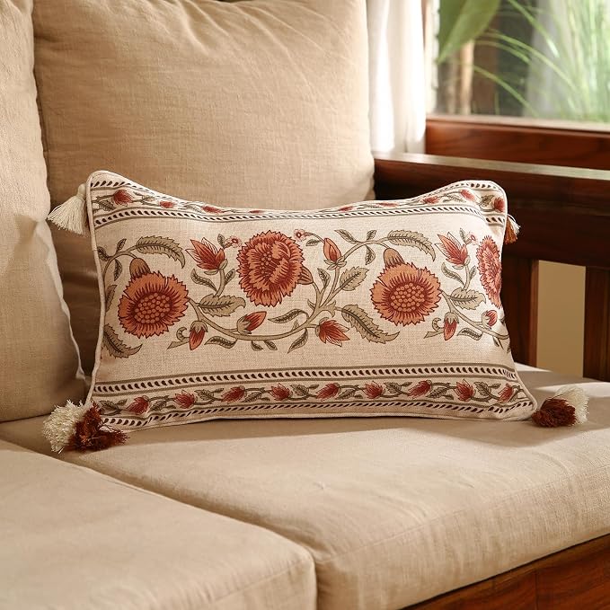 Designer French Linen Throw Pillow Cover,Set of 2,20"x12"-Albano C | Elegant Rectangle Pillow Cover,Concealed Zipper Design,Floral Pattern,Sofas,Bedroom,Living Room,Lounge Chairs,Decor