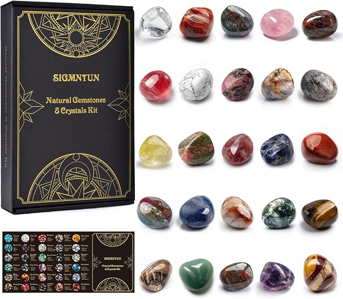 Polished Stone Set Mixed Crystals, Christmas Gift for Kids, 1.2" - 2.5 lbs, 25 Types of Extra Large Size Tumbled Gemstones and Crystals Bulk for Healing, Reiki, Meditation, Witchcraft