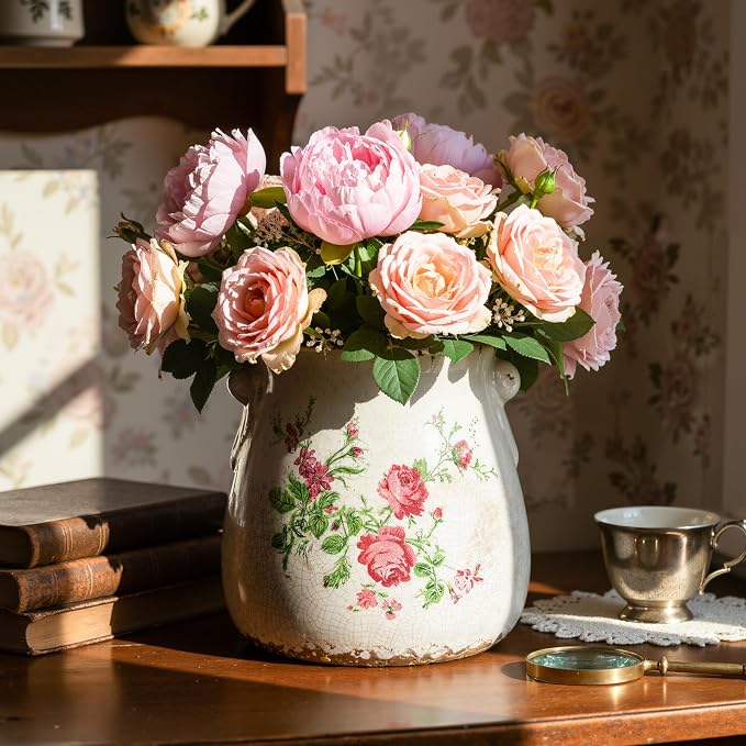 Ceramic Scroll Planter 6.5 Inch Chinoiserie Floral Vase with Drainage Holes Vintage Flower Vase Flower Pot Rustic Ceramic Pots for Indoor Plants Garden Home Bookshelf Decor(Pink Green)