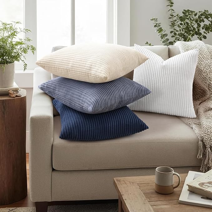 Mecatny Corduroy Decorative Throw Pillow Covers 26x26 Set of 2 White | Soft Striped Texture, Hidden Zipper Design, Neutral Boho Square Pillow Cases for Sofa Couch Living Room Bedroom, Home Décor